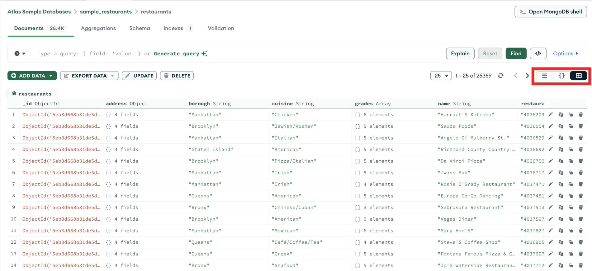 Documents in Table view