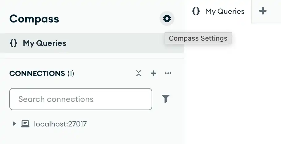 Settings gear icon location on MongoDB Compass UI